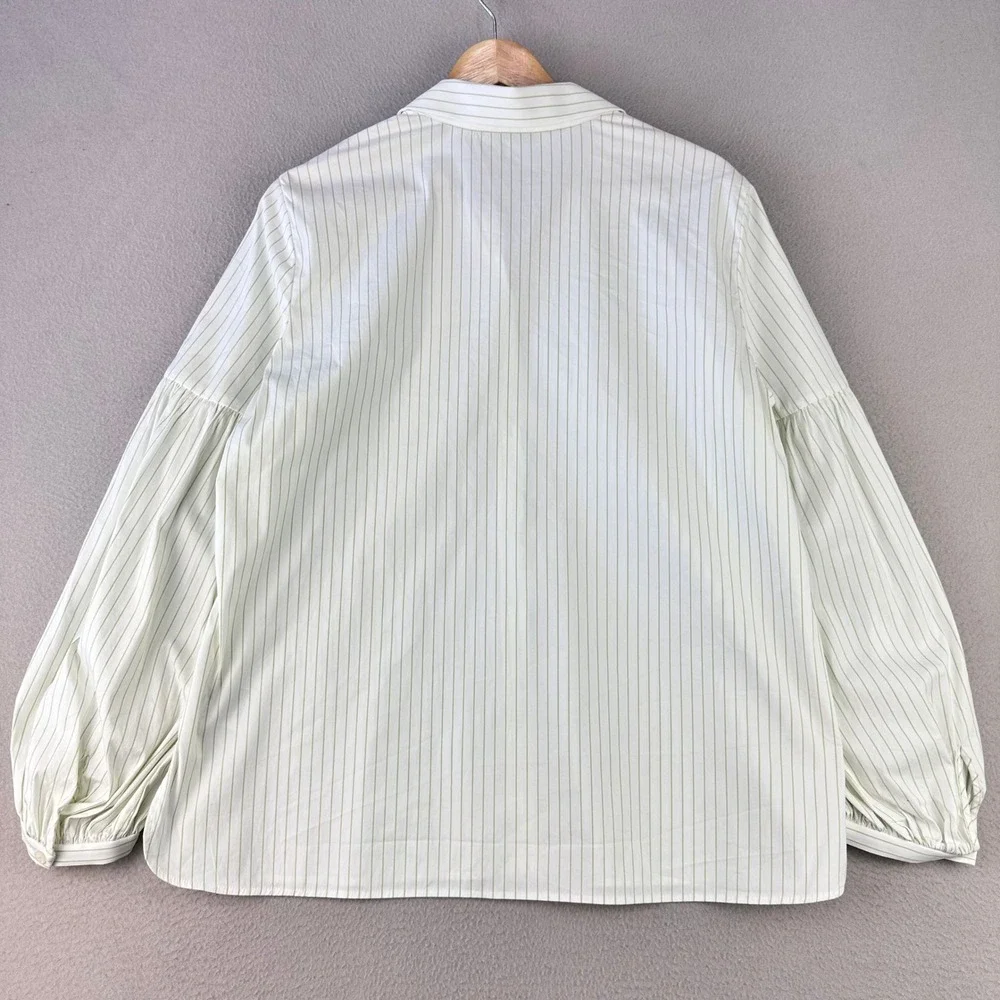 Lafayette 148 New York Striped Button Up Shirt Women M Green Balloon Sleeve - Picture 3 of 9